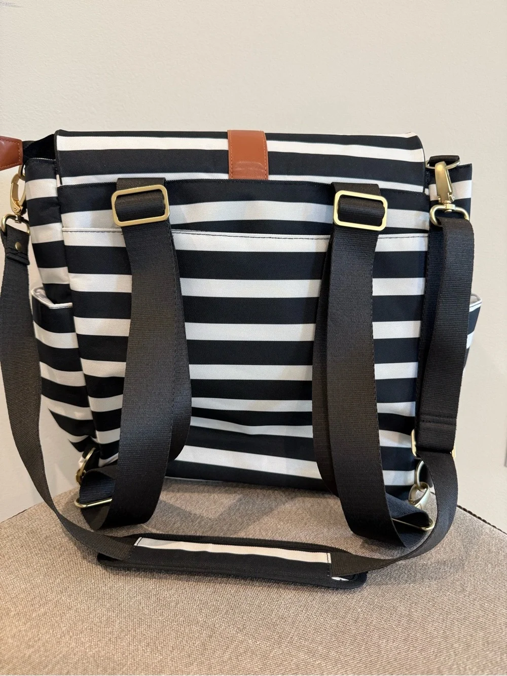 JJ Cole Black & White Striped Diaper Bag with Brown Trim